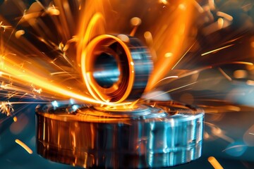 Dynamic sparks flying from a rotating metal object in a workshop.