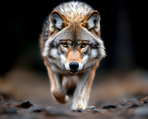 Naklejka premium Majestic wolf running towards the camera, intense gaze, dark background