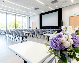 Modern conference room with large windows, projection screen, and floral arrangement