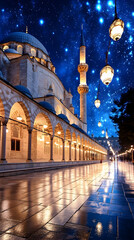 Obraz premium Night scene of a grand mosque, illuminated, under a starry sky. Reflective surfaces enhance the beauty