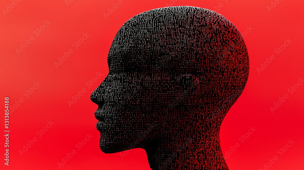 Poster digital head emerging from binary code on red background
