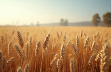Obraz premium Wheat crop field in rural landscape at golden hour. Farming scenery with grain harvest and sky. Agriculture farmland with ripe barley plants at countryside farm.