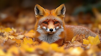 Fototapeta premium Red fox resting on colorful autumn leaves in a serene forest setting during daylight hours
