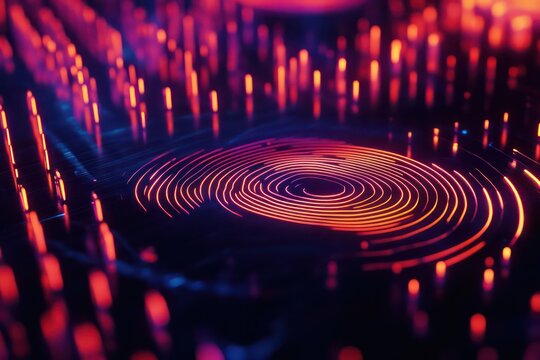 A futuristic visual of a neon fingerprint pattern on a black background, representing encrypted access and personal security in the digital age.