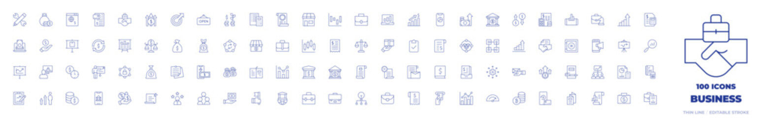 100 Business Icons Collection. Thin line icon. Editable stroke. Vector, project management, profits, profit, briefcase, branding, bookkeeping, blockchain, bill
