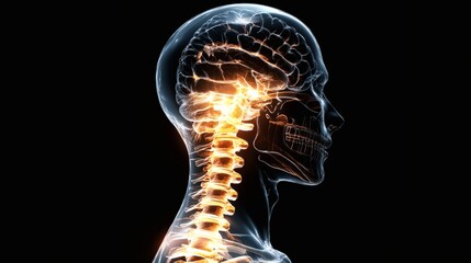 Detailed illustration of the human skull and spine showcasing neural connections and anatomy at advanced imaging stage