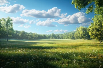 Fototapeta premium Peaceful meadow with lush greenery and fluffy clouds on a sunny day in spring