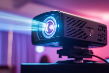 Modern Projector Casting Bright Beam in Ambient Room Setup for Digital Presentations