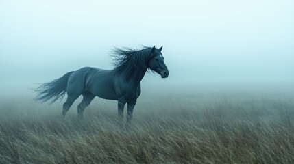 Obraz premium Majestic black horse stands in foggy grassland, showcasing its beauty amidst soft misty atmosphere during early morning hours