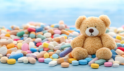 Sad teddy bear amidst a large pile of colorful pills