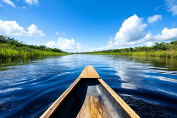 Fototapeta premium Serene canoe journey down a tranquil river, lush greenery framing the waterway under a vibrant blue sky
