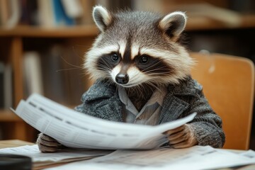 Charming Raccoon Reading a Newspaper at Desk in Whimsical Office Setting