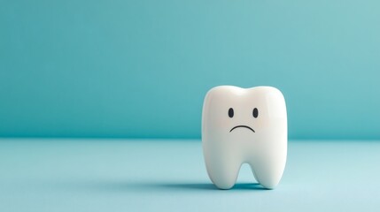 Sad tooth character standing on a blue background expressing feelings about dental health concerns