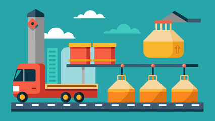 Heavy machinery loading bags of proppant onto a conveyor belt ready to be injected into the well.. Vector illustration