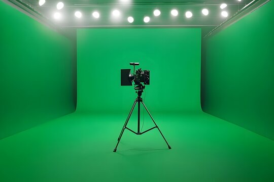 Professional green screen studio setup with camera on tripod, bright lights illuminating the space