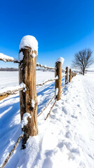 Snow-covered wooden fence post, winter landscape