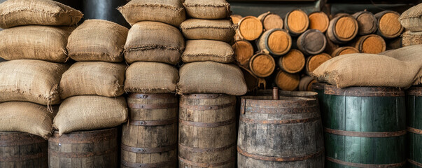 Burlap sacks and wooden barrels in traditional storage setting