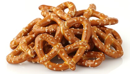 Salted pretzels pile, white background