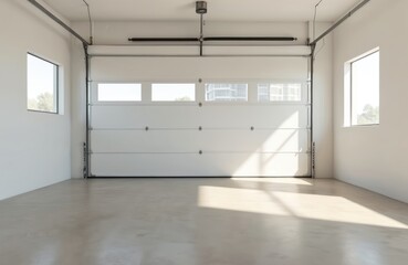Obraz premium An empty garage interior with white walls and concrete floor. Closed sectional door with windows, sunlight coming through windows. Clean, new, modern interior space for car parking or storage.