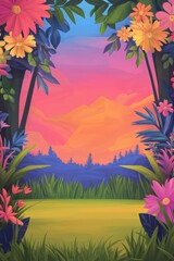 Obraz premium Colorful floral frame, lush landscape, sunrise