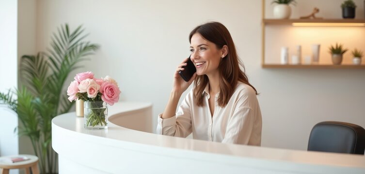 Smiling woman talks on mobile phone at reception desk in modern beauty salon. Pretty girl dials cellphone, consults client. Female administrator, receptionist answers call. Customer service