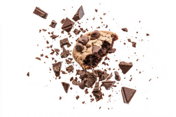 Crumbly chocolate chip cookie breaking, small crumbs flying, white background