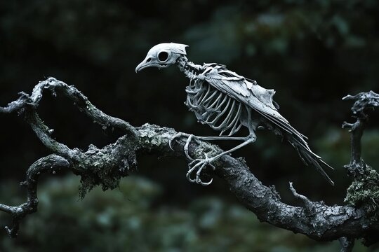 A skeletal bird sits eerily on a twisted branch, showcasing bone structure in a dark, atmospheric setting. Perfect for themes of nature, decay, and mystery.
