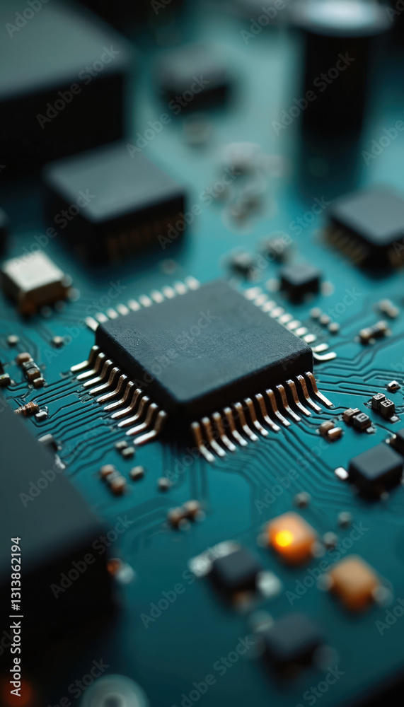 Aufkleber Close-up photo of microchip on circuit board with intricate wiring. Electronic component, technology concept for hardware engineering. System integration, digital signal processing, interface