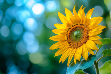 Obraz premium Vibrant yellow sunflower blooming in summer garden sunlight plant petal green flora image macro rural