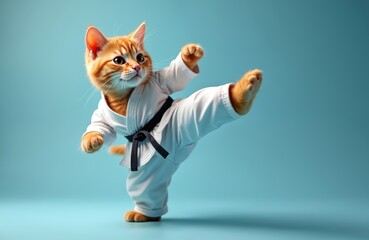 Ginger cat in karate uniform performs kick on light blue background. Funny pet wearing costume practices martial arts skills with confidence. Active kitten training, showing agility, balance. Dynamic