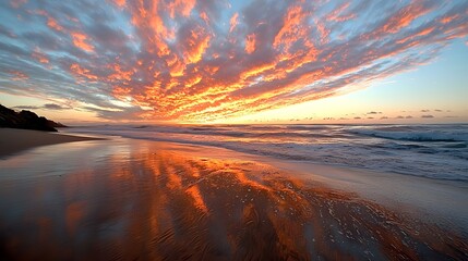 Fototapeta na wymiar Fiery Orange Sunset Reflecting on Wet Sand Beach