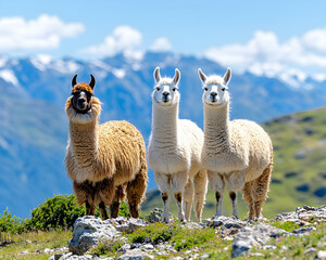 Fototapeta premium Three camelids stand proudly on a rocky mountainside, against a backdrop of majestic snow-capped peaks under a vibrant blue sky
