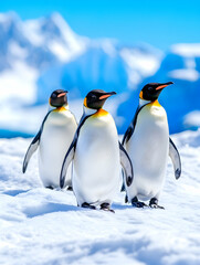 Fototapeta premium Three penguins waddle across snowy Antarctic landscape under a vibrant blue sky