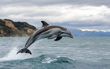 Fototapeta premium 74. A playful dolphin jumping out of the ocean in New Zealand