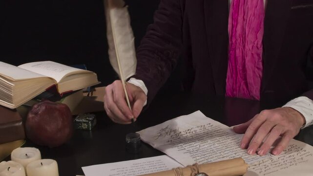 Inspiration of the Writer and Poet. Medieval writer rereads text on a sheet of old paper and appends with a pen at the bottom a few lines