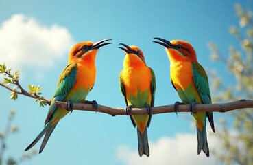 Obraz premium Three colorful bee-eater birds perch together on branch against blue sky. Spring time. Birds sing songs in sunny day. Avian wildlife, nature concept. Orange, turquoise feathers. Cute animals.