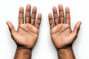 Two dark brown hands palms up, on a white background