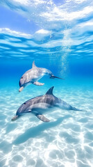 Obraz premium Two dolphins swim gracefully in crystal-clear turquoise water, sunlight filtering through the surface