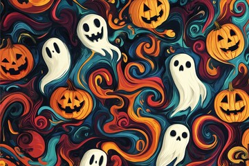 This vibrant Halloween-themed image features playful ghosts and pumpkins swirling in a colorful pattern, perfect for autumn celebrations and festive decorations.
