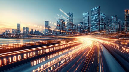 Fototapeta premium City skyline with digital data streams reflecting technological advancements during sunset, showcasing urban life and innovation