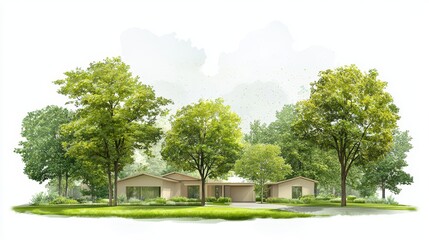 Naklejka premium Secluded woodland escape, charming house nestled among the trees in a picturesque forest setting