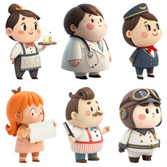 Set of 3D Style Design Bartender, Air Hostess, Barber, Doctor, Pilot, Girl Hold Board, Cartoon Character, 3d Occupation, Transparent background  