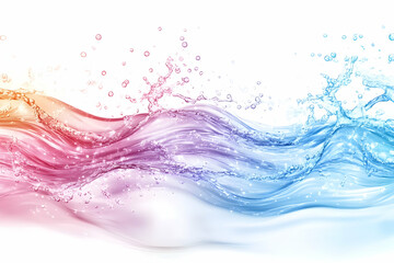 Vibrant, flowing water waves with splashes and bubbles against a white background