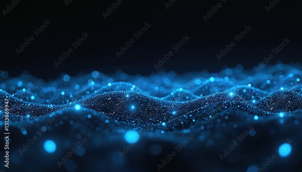 Poster Abstract tech background with blue glowing connections, dots on dark space. Ideal for design concepts, network connection global communication ideas. Futuristic geometric grid, energy flow, data