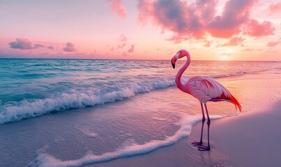 Pink Flamingo Beach Sunset Tropical Ocean Sunrise Bird Sky Sand Calm Water Waves Scene Image Nature 