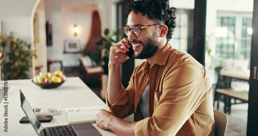 Poster phone call, remote work and man in home on computer for virtual assistant job, online planner and sc