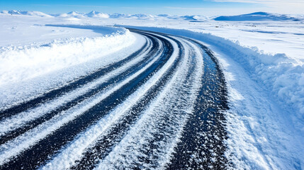 Winding, snow-covered road with tire tracks, icy patches, and a bright, wintry landscape
