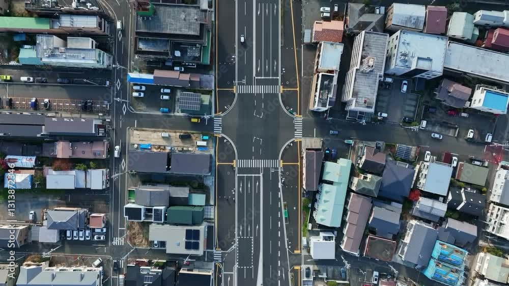 Aufkleber 道路、交通、ドローン、空撮、自動車、高速道路、都市、街、ドライブ、走行、現代、行政、社会、モビリティ、県道、地域、地方、安全、インフラ、建設、開発、運送、物流、風景、運輸、ロジスティクス、テクノロジー、住宅、真俯瞰、真上、見下ろす、ハイアングル、駐車場、交差点、高架、スピード、前進、進歩、俯瞰、展望、景色、景観、屋根、都会、日本、町並み、観光、旅行、60p、産業