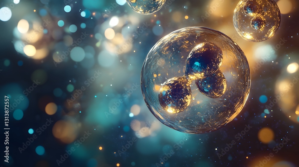Poster shimmering iridescent spheres of light and glitter suspended in a dreamy ethereal backdrop creating 