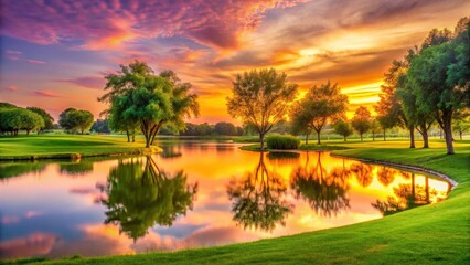 Obraz premium Serene Sunset over a Picturesque Golf Course Lake with Lush Greenery and Vibrant Sky Reflections
